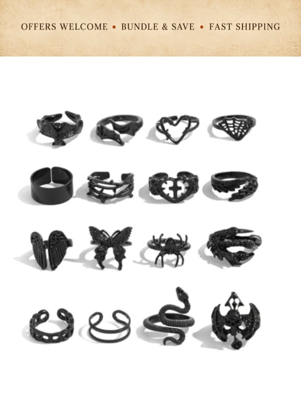 Gothic Ring Set Adjustable Stackable Y2K Statement Rings Halloween Party
